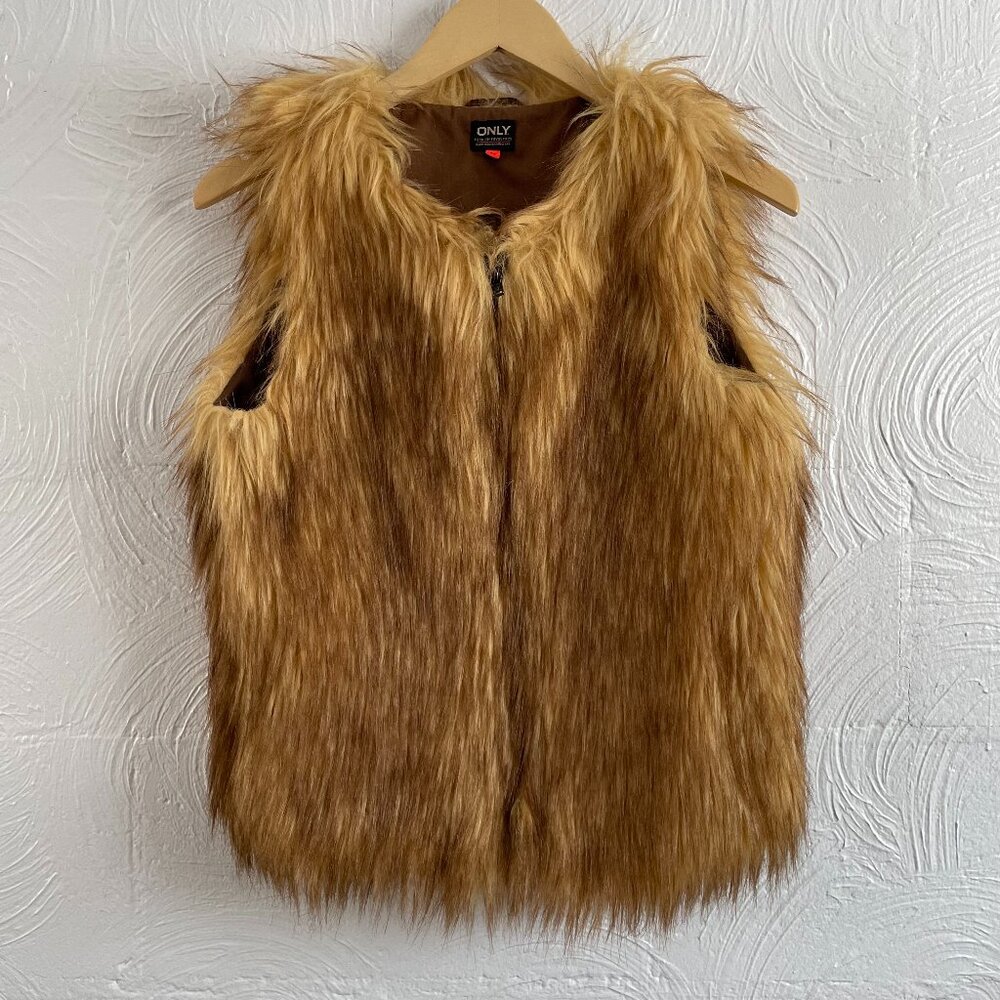 ONLY Starry Faux Fur Vest Waistcoat - Brown honey tan - Size XS